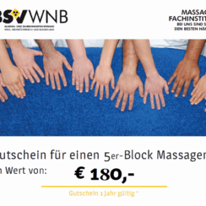 Gutschein für einen 5-er Block Massagen im Wert von €180 / Gutschein 1 Jahr gültig