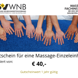 Gutschein für eine Massage-Einzeleinheit im Wert von €40 / Gutscheinwert 1 Jahr gültig